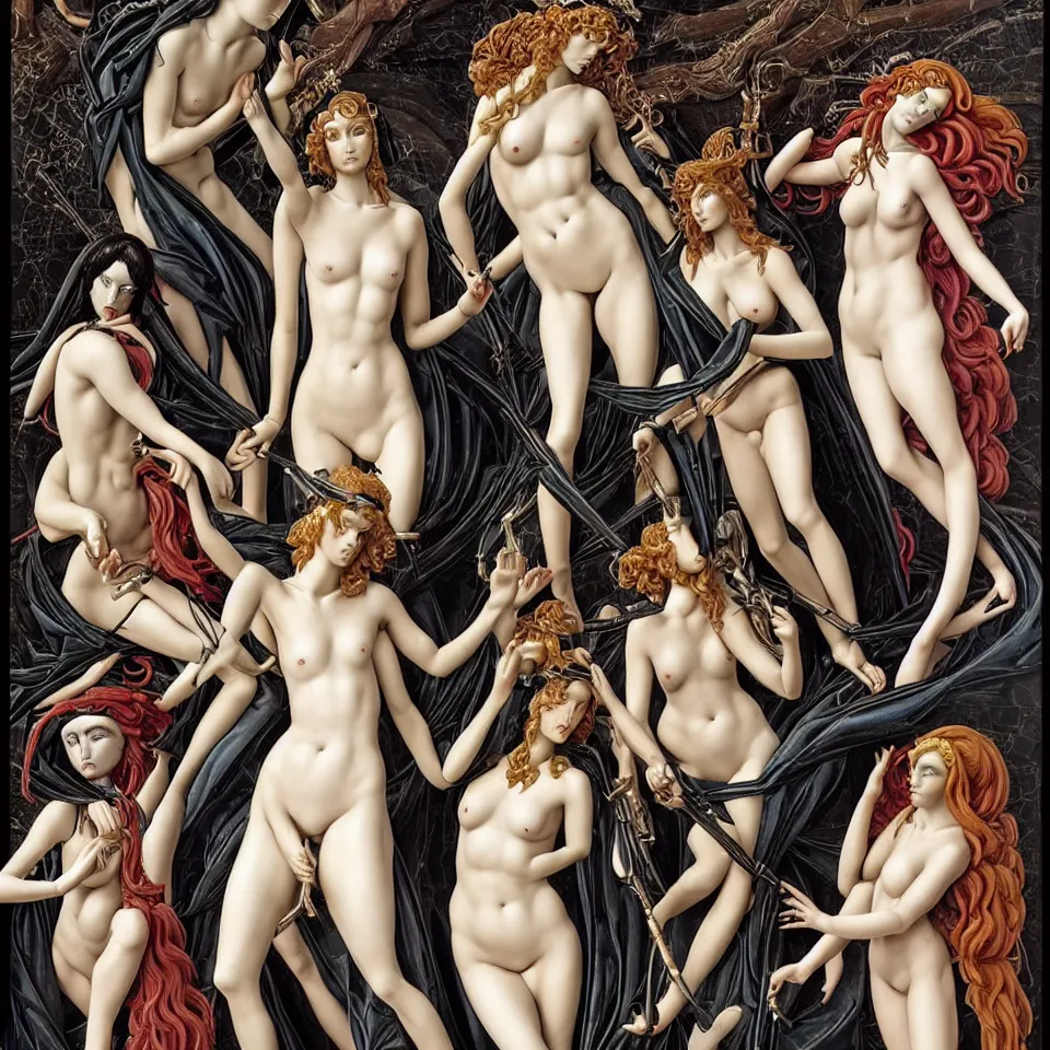 Prompt: 12 figures representing the sins, 3 are Gluttony, 3 are Pride, 3 are Envy, and 3 are Wrath, in a mixed style of Botticelli and Æon Flux, inspired by pre raphaelite paintings, and cyberpunk!!!, stunningly detailed, stunning inking lines, flat colors, 4K photorealistic.