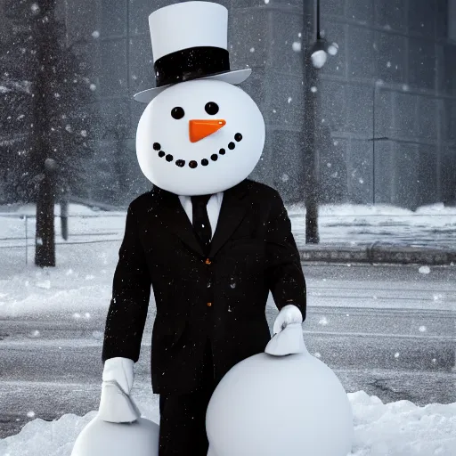 Image similar to a highly detailed humanoid snowman in business suit with black eyes and mouth, no nose, hyperrealism, professional, octane render, full length, digital art