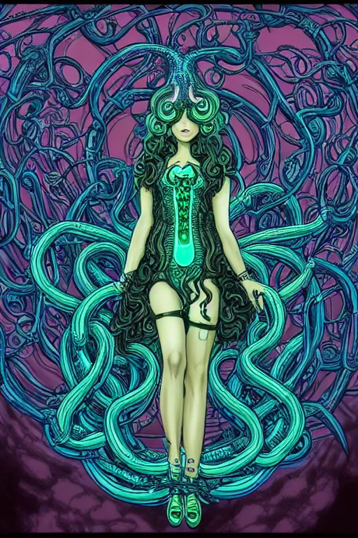 Image similar to Perfectly-centered Hyperdetailed symmetrical cinematic RPG portrait-illustration of a beautiful aetherpunk cyberpunk Medusa in a long neon-noir otherworldly dress while her hair is made of huge ravepunk snakes. She's standing next to lovecraftian towers in a surreal landscape with a cosmic background, style of an epic sci-fi comic-book cover, 3D rim light.