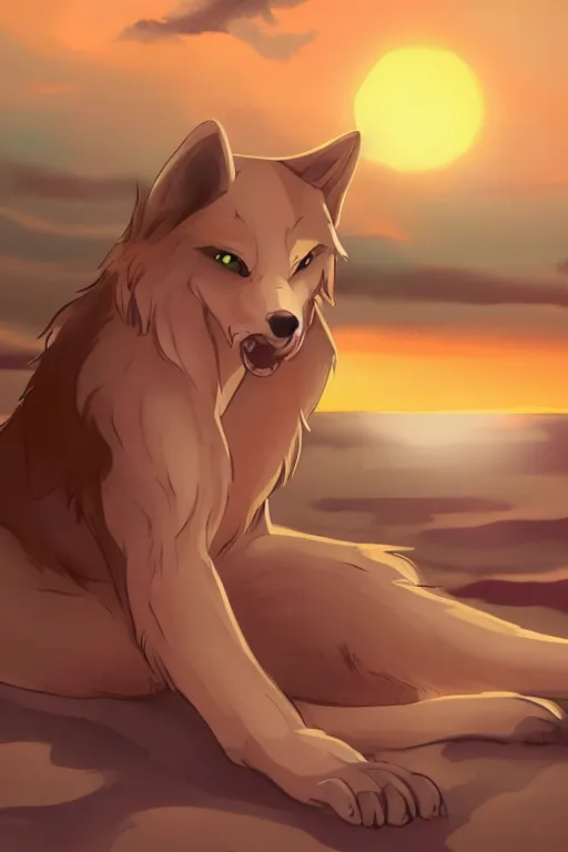 Image similar to anthropomorphic wolf fursona sitting in sand lit by the sunset, furry art, trending on artstation, digital art, kawacy, trending on furaffinity