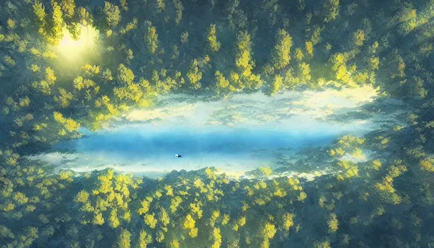 Image similar to aerial portrait of a vast lake surrounded by woodland, highly detailed, sunny, blue sky, cinematic lighting, high angle, volumetric, photorealistic, digital art painting by greg rutkowski