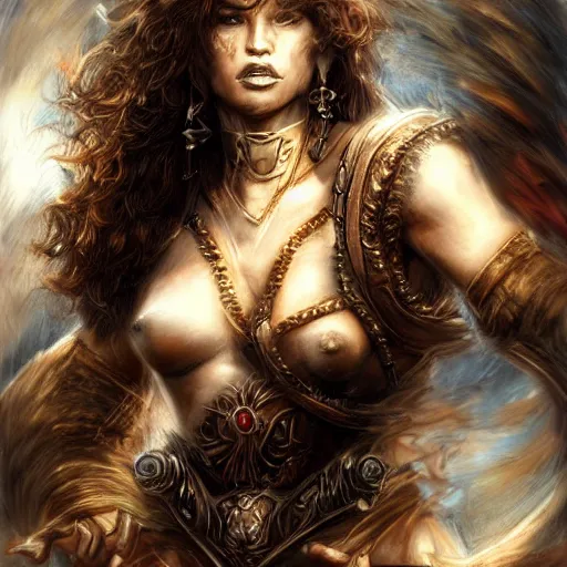 Image similar to vuloptuous female warrior, hyper realistic, in the style of luys royo