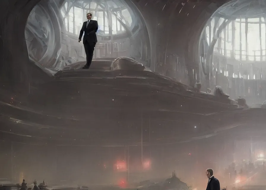 Image similar to painting of Emmanuel Macron as a senator in Star Wars, inside the galactic senate, sharp focus, trending on ArtStation, masterpiece, by Greg Rutkowski, by Ross Tran, by Fenghua Zhong, octane, clear eyes, soft render, oil on canvas, moody lighting, cinematic