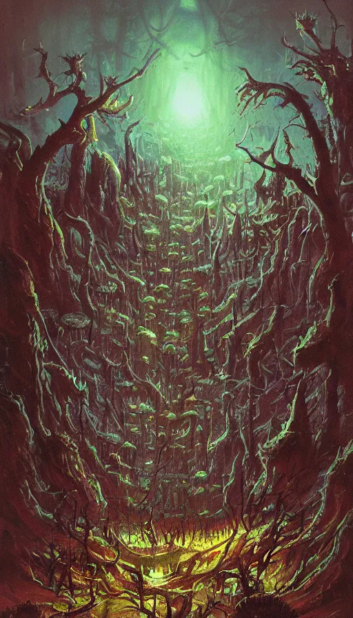 Prompt: a storm vortex made of many demonic eyes and teeth over a forest, by paul lehr,