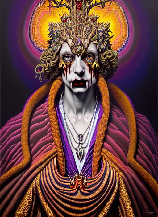 Image similar to beautiful oil painting, full length portrait of vampire dauphinois in baroque coronation robes 1 7 0 1, dan mumford, dan mumford, alex grey, hyacinthe rigaurd, highly detailed, lsd visuals, dmt fractal patterns, visionary art, psychedelic art, ornate, vaporwave, baroque, greg rutkowski