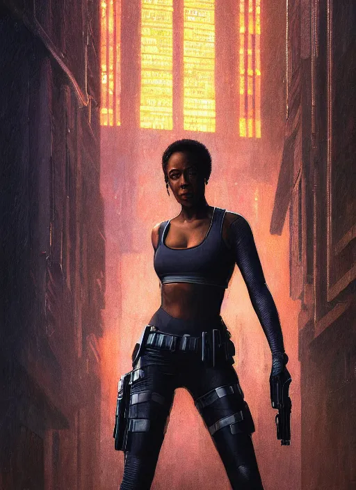 Prompt: misty knight. cyberpunk police trooper in a military vest ( blade runner 2 0 4 9, cyberpunk 2 0 7 7 ). orientalist portrait by john william waterhouse and james gurney and theodore ralli and nasreddine dinet, oil on canvas. cinematic, hyper realism, realistic proportions, dramatic lighting, high detail 4 k