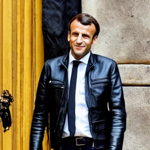 Prompt: emmanuel macron wearing a black leather jacket, biker, rock n roll