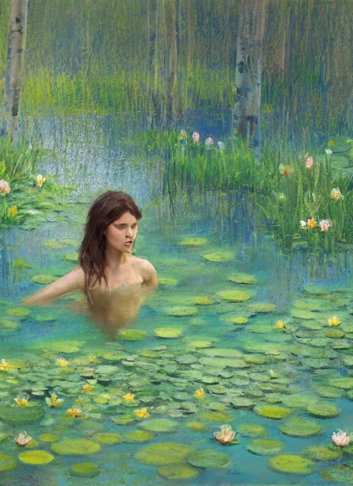 Image similar to full body portrait of a beautiful woman bathing in a shallow pond, front facing her body obscured by water lilies, aspen grove in the background, by Jeremy Mann, stylized, detailed, loose brush strokes, pastel colors, green and yellow tones