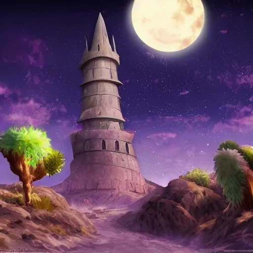 Image similar to Anime style desert at night with monstrous beasts inside it, with a tall white tower in the background, HD,