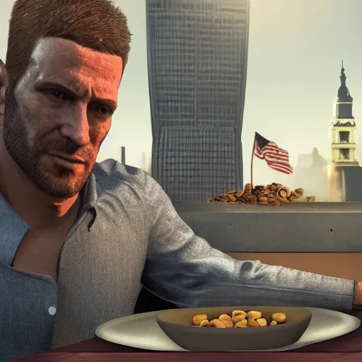 Image similar to jc denton from deus ex eats cereal at a table, liberty island, high quality, photorealistic, highly detailed face, 4 k, hd