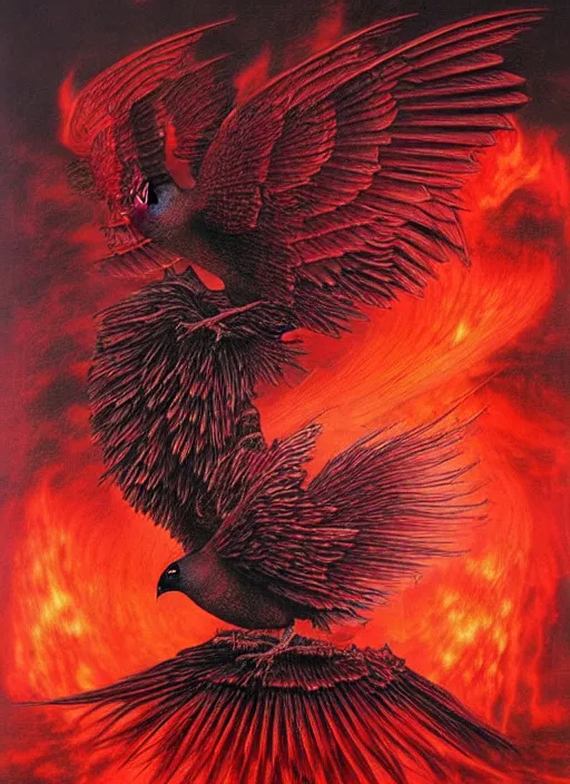 Image similar to a side view of spirit of chthonic demonic pigeon with red eyes, on background red lake on fire, highly detailed, art by Ayami Kojima, Beksinski, Giger