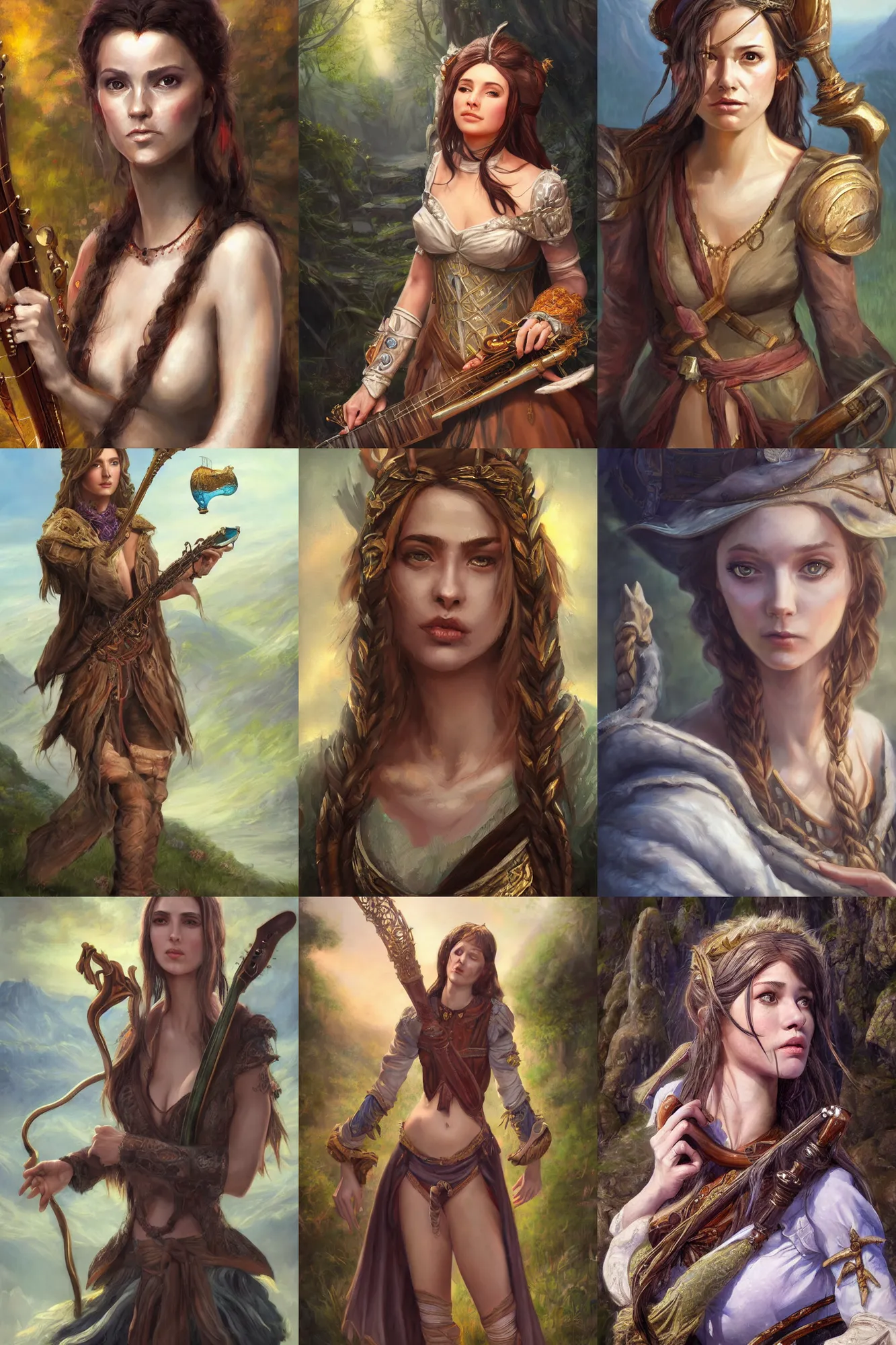 Image similar to a full body high detail fantasy portrait oil painting illustration of a single beautiful female bard by justin sweet with face and body clearly visible, in a scenic background, pretty eyes, realistic proportions, d & d, rpg, forgotten realms, artstation trending, high quality, sombre mood, artstation trending, muted colours, entire person visible!