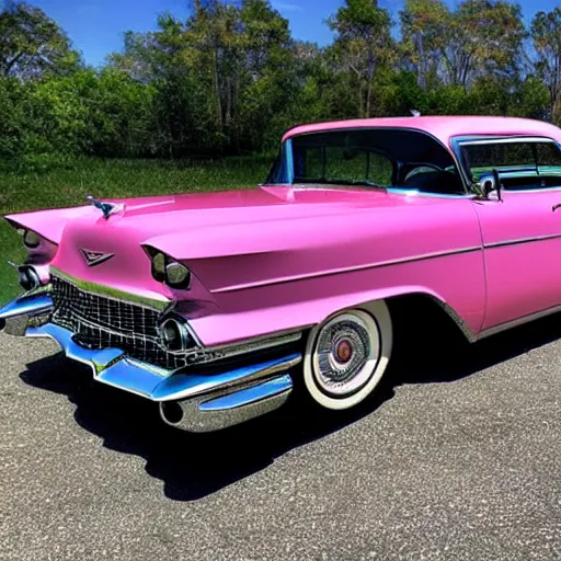 Prompt: a cadillac 1 9 5 7 coupe with an airbrushed djungle with colorful flowers