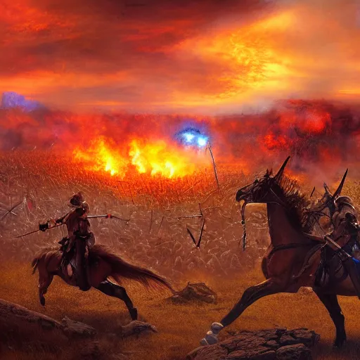 Prompt: the battle of the little bighorn terminator judgement day. trending on artstation, 4 k, oil on canvas, artstation, dramatic warm color, dramatic lighting, fantasy, epic, ultra detailed.