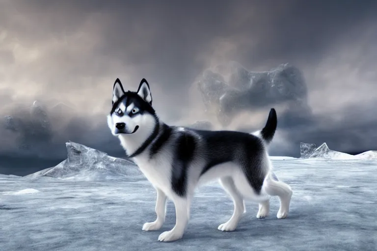 Prompt: a scenic photograph of a husky looking away from the camera. the whole husky is visible in frame. polar setting, polar wasteland background, ominous sky, meteorites are crashing through the clouds. octane render, extreme detail, super symmetrical photograph, 8 k