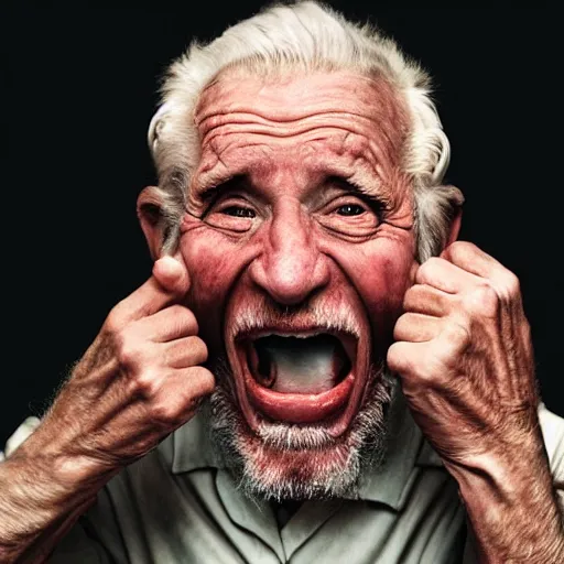 Prompt: a photographic portrait of a rugged elderly man, screaming, behind plastic wrap by Martin Schoeller