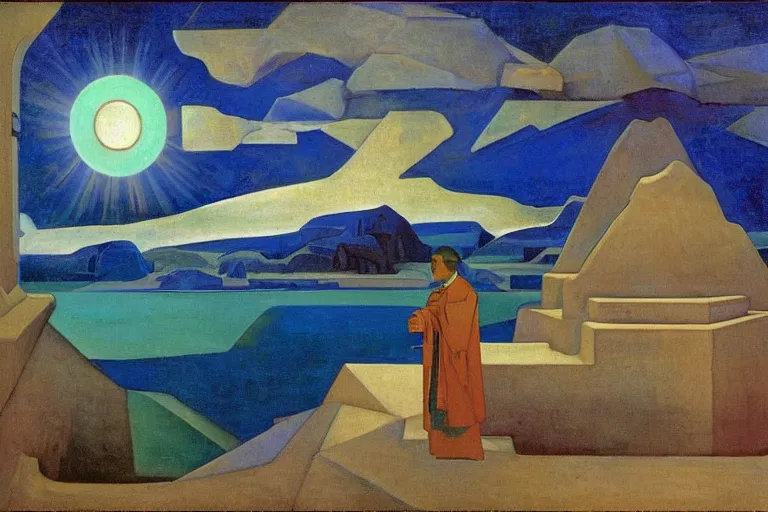 Prompt: the wake of the unseen object,by Nicholas Roerich and William Dyce and Diego Rivera, symbolist, dramatic lighting, elaborate geometric ornament, cool blue and green colors, Art Brut, smooth, sharp focus, extremely detailed