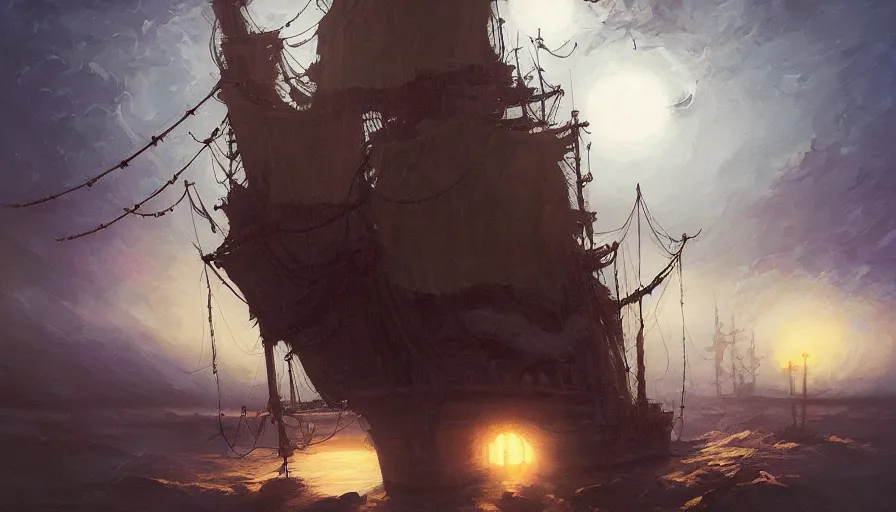 Image similar to ghost pirate aboard a pirate ship, spooky fog, moonlit, oil on canvas, by Dan Mumford, by Josan Gonzalez, by Frank Frazetta, soft lighting