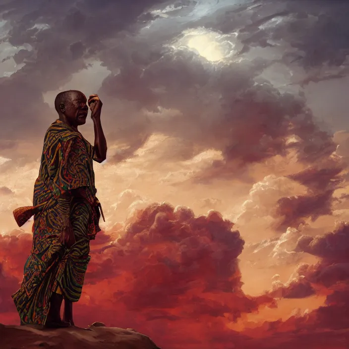 Image similar to a painting of a wise elder from Kenya by Kehinde Wiley . dramatic angle, ethereal lights, details, smooth, sharp focus, illustration, realistic, cinematic, artstation, award winning, rgb , unreal engine, octane render, cinematic light, macro, depth of field, blur, red light and clouds from the back, highly detailed epic cinematic concept art CG render made in Maya, Blender and Photoshop, octane render, excellent composition, dynamic dramatic cinematic lighting, aesthetic, very inspirational, arthouse.