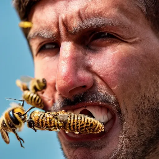 Prompt: a man with a mouth full of bees, close up,