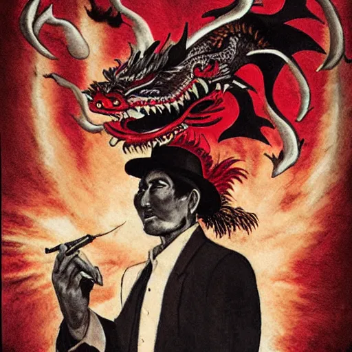 Image similar to A mafia man with a tobacco in his left hand, behind him is a Chinese dragon emanating a red aura of danger.