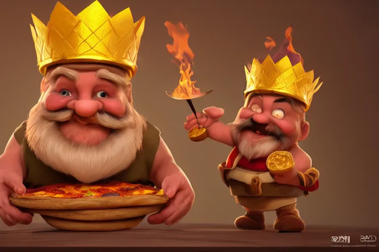 Image similar to 3 d render of a dwarf character who is a king, wearing golden crown, pizza topping, burning in a wood fired oven, cooking pizza, highly detailed octane render, artstation, surrealism, pixar