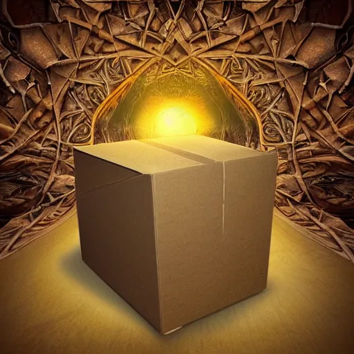 Prompt: fantasy art hyper realistic ai created interesting bizarre subconscious of a cardboard box with fractal vignette edge fantastic art award winning best ultra detailed magnificent