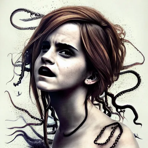 Image similar to emma watson screams in hunger and shows her long teeth, horror version. an unnatural abomination with long teeth, many tentacles, and gray skin. grunge, horror, dmt, dark and muted colors, detailed airbrush art, by yves klein