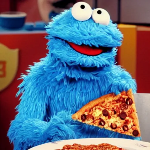 Prompt: Cookie Monster Muppet on Sesame Street eating pizza in secret, happy