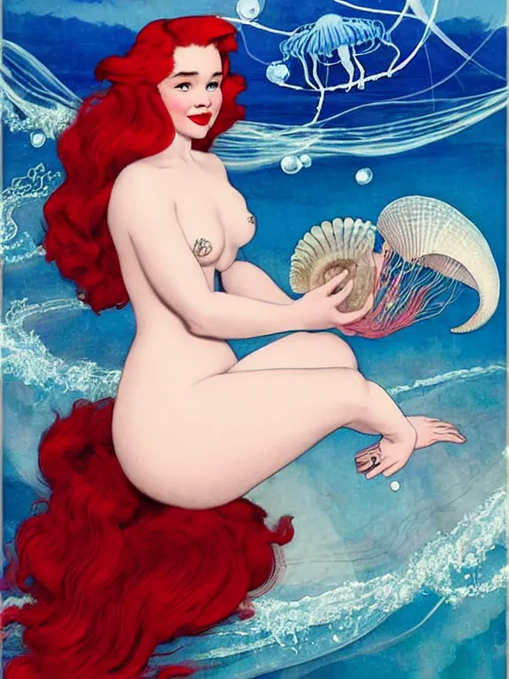 Prompt: Emilia Clarke with red hair as the little mermaid, a beautiful art nouveau portrait by Gil elvgren, beneath the ocean waves glowing jellyfish environment, centered composition, defined features, golden ratio, intricate seashell jewelry that glows, bubbles