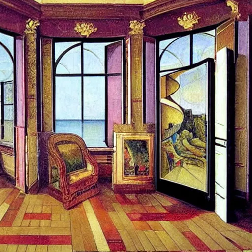 Prompt: giant mansion room 4 stories tall with balconies and windows, walls filled with modern art paintings, doors that are cosmic portals, painting by Botticelli