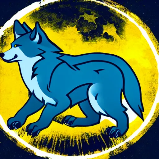 Image similar to a nice beautiful e-sports logo of a howling wolf with full moon, svg vector, blue and yellow, flat colors