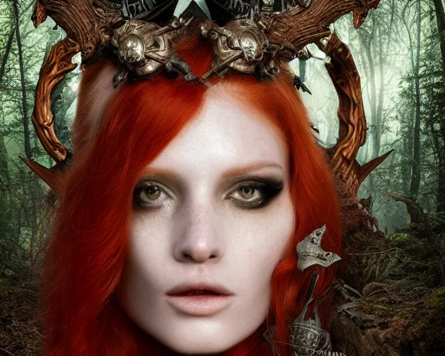 Prompt: 5 5 mm portrait photo of an armored gorgeous anesthetic redhead woman warrior with a face tattoo and cat eyes and horns growing from her head, in a magical forest. by luis royo. highly detailed 8 k. intricate. lifelike. soft light. nikon d 8 5 0. cinematic post - processing