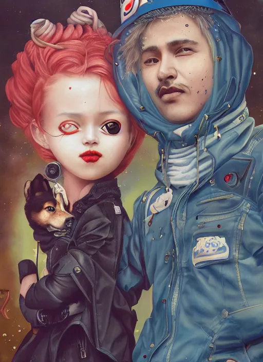 Prompt: beautiful portrait painting of a cute Finland lofi cyberpunk princess and her corgi assassin king, by Afarin Sajedi, Alessandro Barbucci, Alex Gross, Shin Jeongho, Shohei Otomo. trending on Artstation, 8k, masterpiece, face enhance, graffiti paint, fine detail, full of color, intricate detail, golden ratio illustration