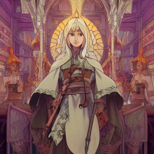 Image similar to elf wizard, dungeons and dragons, male, ornate robes, realistic facial features, highly detailed, illustration, Makoto Shinkai and Studio Ghibli animated film still, by Ilya Kuvshinov and Alphonse Mucha