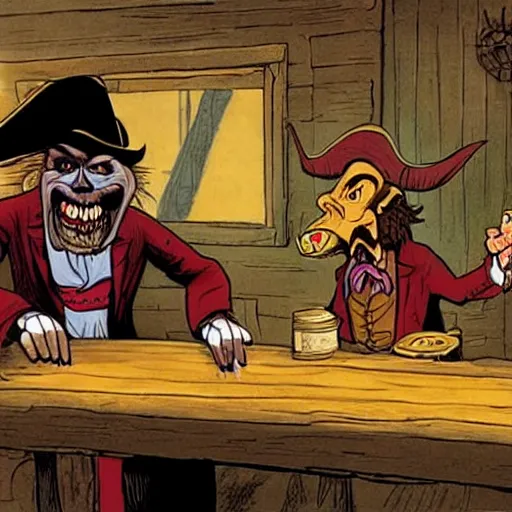 Prompt: a goblin with a large nose and a pirate with a bandana negotiating a contract with Micheal Morbius in a Western saloon.