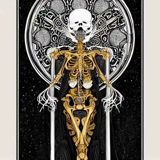 Prompt: a skeleton in a black cloak, highly detailed, very intricate, art nouveau, gold filigree, left right symmetry, tarot concept art watercolor illustration by mandy jurgens and alphonse mucha and alena aenami, featured on artstation