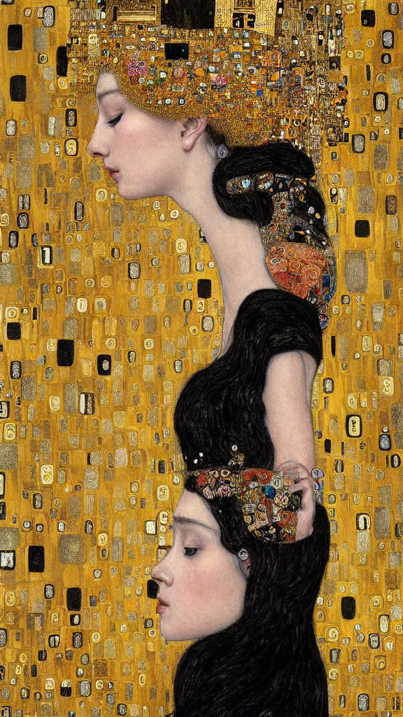 Image similar to a soft and breathtaking detailed painting of a beautiful black haired woman with pale skin and a crown on her head sitted on an intricate metal throne in the style of gustav klimt, blonde hair, shiny gold, elegant, highly detailed, artstation, fluo colors, concept art, matte, sharp focus, art by gustav klimt