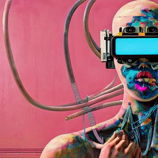 Prompt: Tristan Eaton & Greg Rutkowski, award winning masterpiece with incredible details, Zhang Kechun, a surreal vaporwave vaporwave vaporwave vaporwave vaporwave painting by Thomas Cole of an old pink mannequin head wearing VR goggles with cables and wires coming out of it's neck, highly detailed