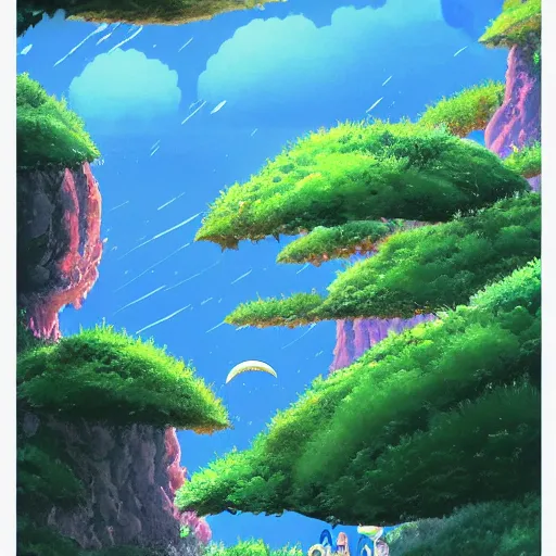 Image similar to illustration of a lush natural scene on an alien planet by hayao miyazaki. beautiful landscape. weird vegetation. cliffs and water.