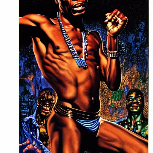 Image similar to fela kuti by clyde caldwell, very detailed, low contrast, dark background, 4 k