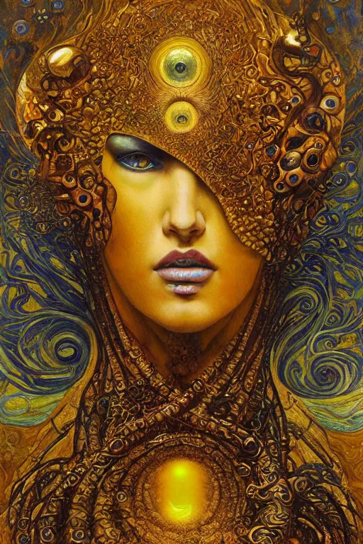 Image similar to Rebirth by Karol Bak, Jean Deville, Gustav Klimt, and Vincent Van Gogh, portrait of a sacred serpent, Surreality, otherworldly, fractal structures, arcane, ornate gilded medieval icon, third eye, spirals