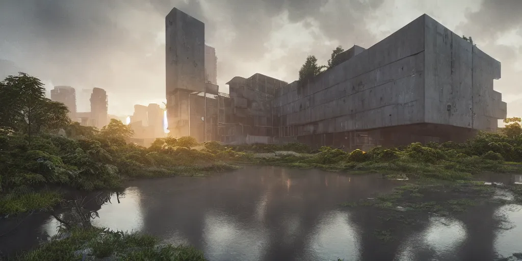 Prompt: brutalist architecture, streetscapes, surrounded by lush green forest and murky ponds of water, stunning volumetric lighting, sunset, rusted steel, smooth solid concrete, stunning skies, trending on Artstation, 8k, photorealistic, hyper detailed, unreal engine 5, IMAX quality, cinematic, epic lighting, in the style of the game DOOM, by Zdzislaw Beksinski