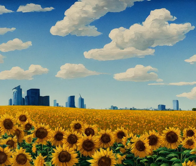 Prompt: a very detailed painting of a sunflower field, baby blue sky with very aesthetic stylized clouds, there is a city with futuristic buildings in the back, there are blue mountains in the back, in the style of edward hopper and hugo pondz, very fine brushstrokes, 4 k,