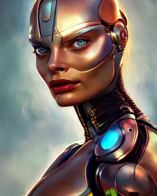 Prompt: weta disney pixar movie still portrait photo of margot robbie as cyborg woman by pixar, by weta, wlop, ilya kuvshinov, rossdraws, artgerm, maxim cover, latex, sweaty, iridescent, bright morning, anime, liosh, mucha