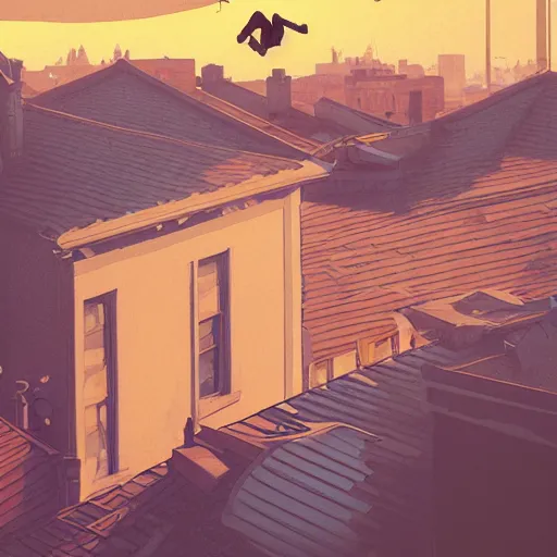 Image similar to sideways landscape photo of person jumping on the roofs, high contrast, moody sunset, late night, detailed low poly characters, by greg rutkowski, alphonse mucha, beeple, sharp focus, digital art, smooth, light refraction, pixiv art, volumetric lighting, makoto shinkai