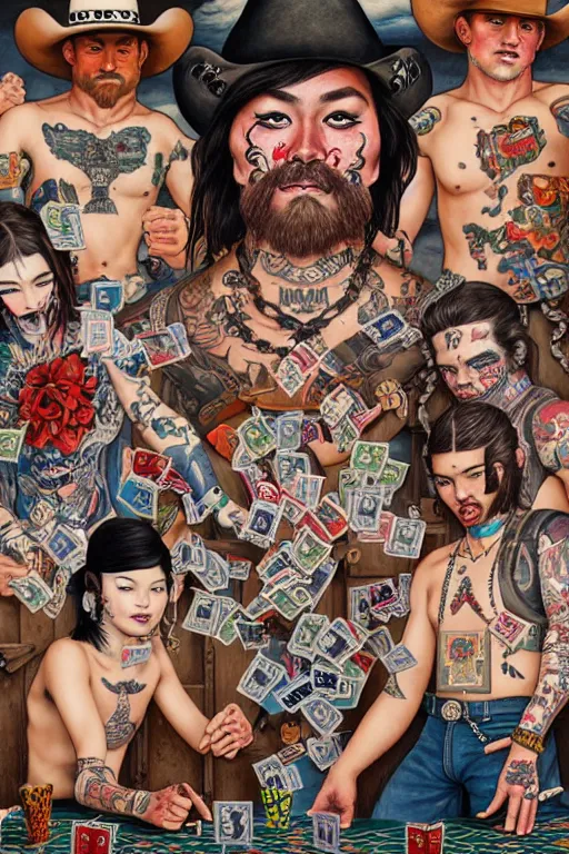 Image similar to full view, from a distance, of cowboys with tattoos, in the saloon playing card games, style of yoshii chie and hikari shimoda and martine johanna, highly detailed