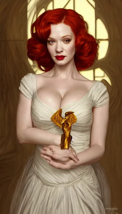 Image similar to Angel, perfectly-centered-painting of young Christina Hendricks in Mad Men in a bride dress, sweaty, dynamic action pose, insane, intricate, highly detailed, digital painting, artstation, concept art, smooth, sharp focus, illustration, Unreal Engine 5, 8K, art by artgerm and greg rutkowski and alphonse mucha