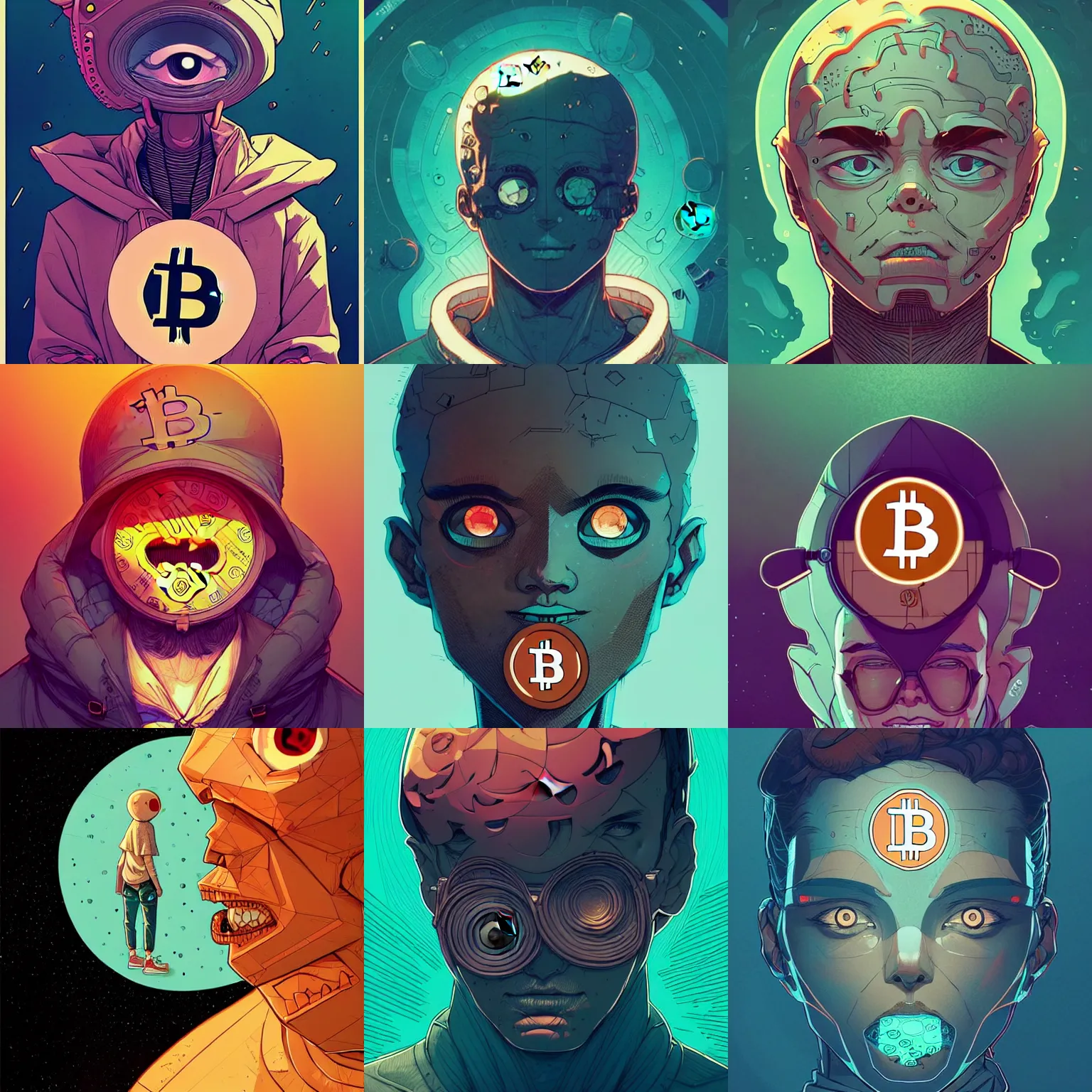 Prompt: cell shaded bitcoin shaped eyes, llustration, concept art by josan gonzales and wlop, by james jean, victo ngai, david rubin, mike mignola, laurie greasley, highly detailed, sharp focus, logo trending on artstation, hq, deviantart, art by artgem