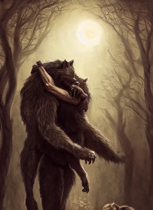 Prompt: a realistic painting of a werewolf at night hugging a man, dark fantasy art, matte painting, highly detailed